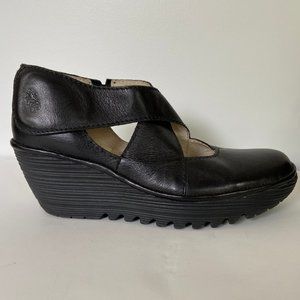 FLY LONDON Black Leather YOGO Wedges 41 Mary Janes
